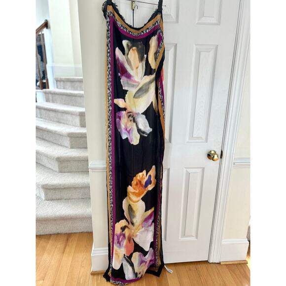 Chicos Black Orange Purple Orchid Floral Print Shawl Wrap Scarf - Picture 4 of 6